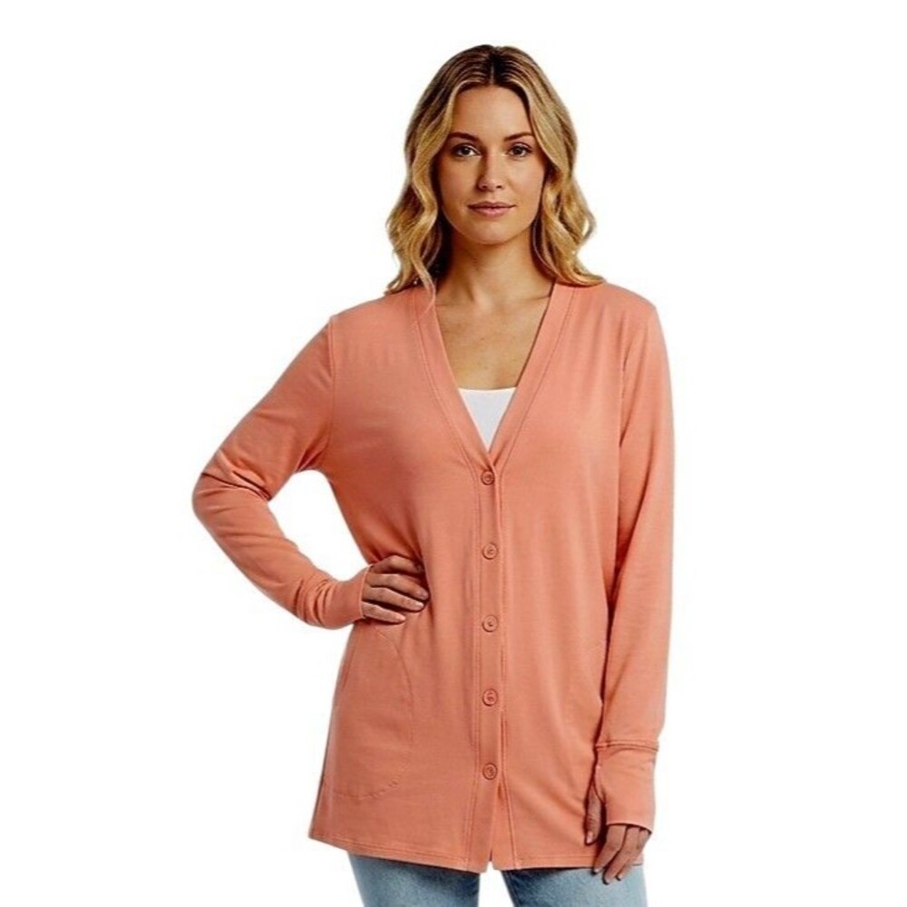 Cuddl Duds Womens Button Cardigan XL Coral Knit V-Neck Button LS Pockets Stretch
